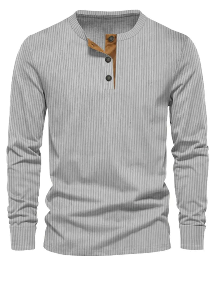 Men's Button Neck Long Sleeve Pullover Shirt with Ribbed Design