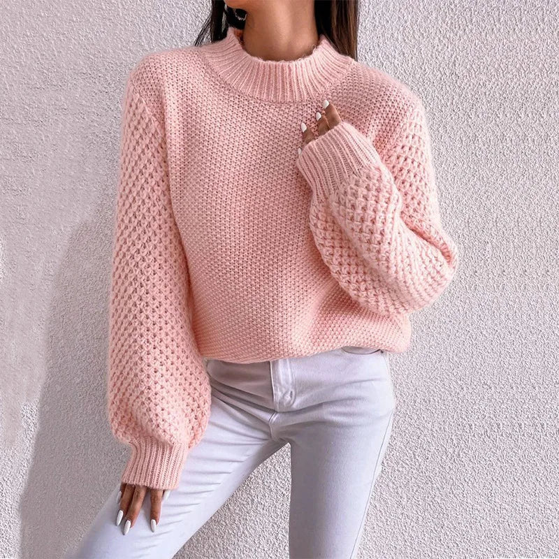 Women's Knitted Jumper – Crew Neck Long Sleeve Sweater with Textured Knit Design