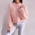Women's Knitted Jumper – Crew Neck Long Sleeve Sweater with Textured Knit Design