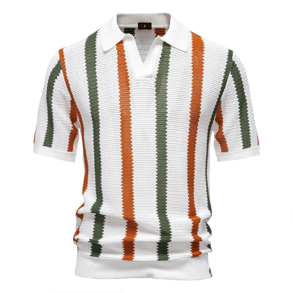 Men's Striped Short Sleeve Polo Shirt with Open Collar