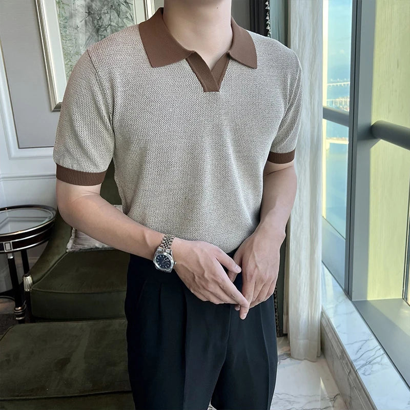Mens Contrast Collar Knit Polo Shirt