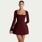 Square Neck A Line Mini Dress With Sleeves