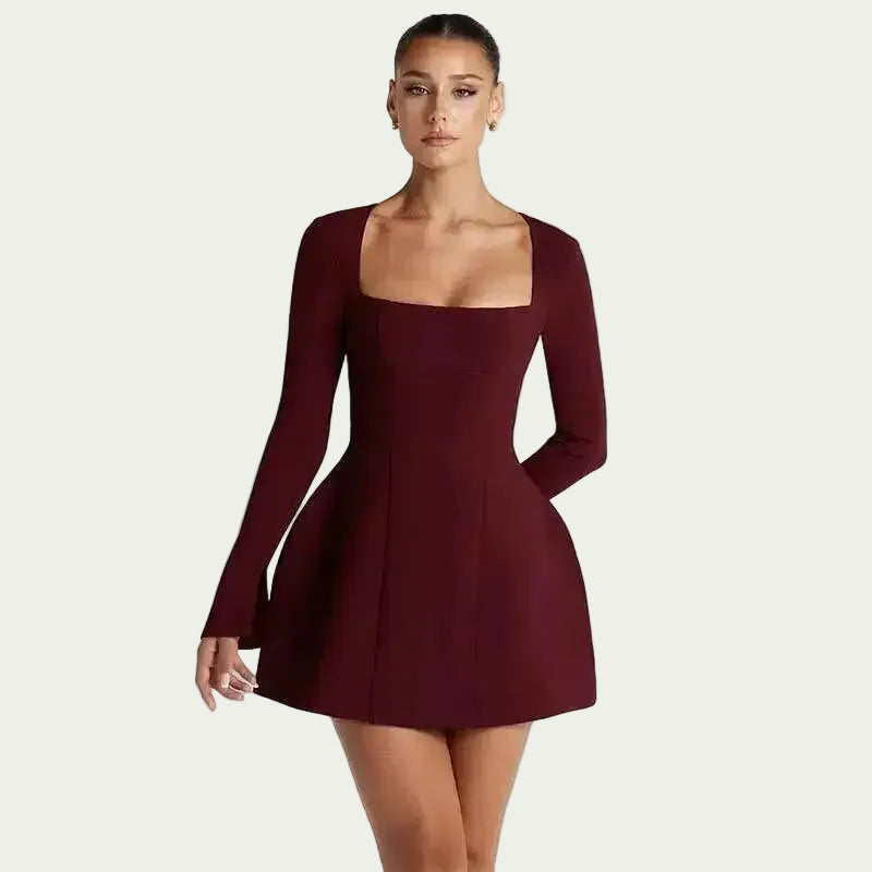 Square Neck A Line Mini Dress With Sleeves Main image