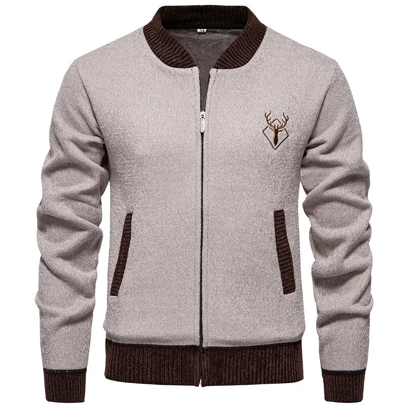 Men's Knitted Zip-Up Jacket – Stand Collar Long Sleeve Ribbed Cuffs Pockets