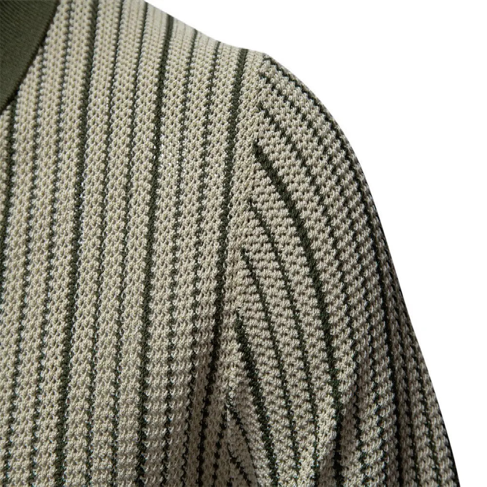 Men's Collared Striped Polo Shirt with Ribbed Cuffs and Hem
