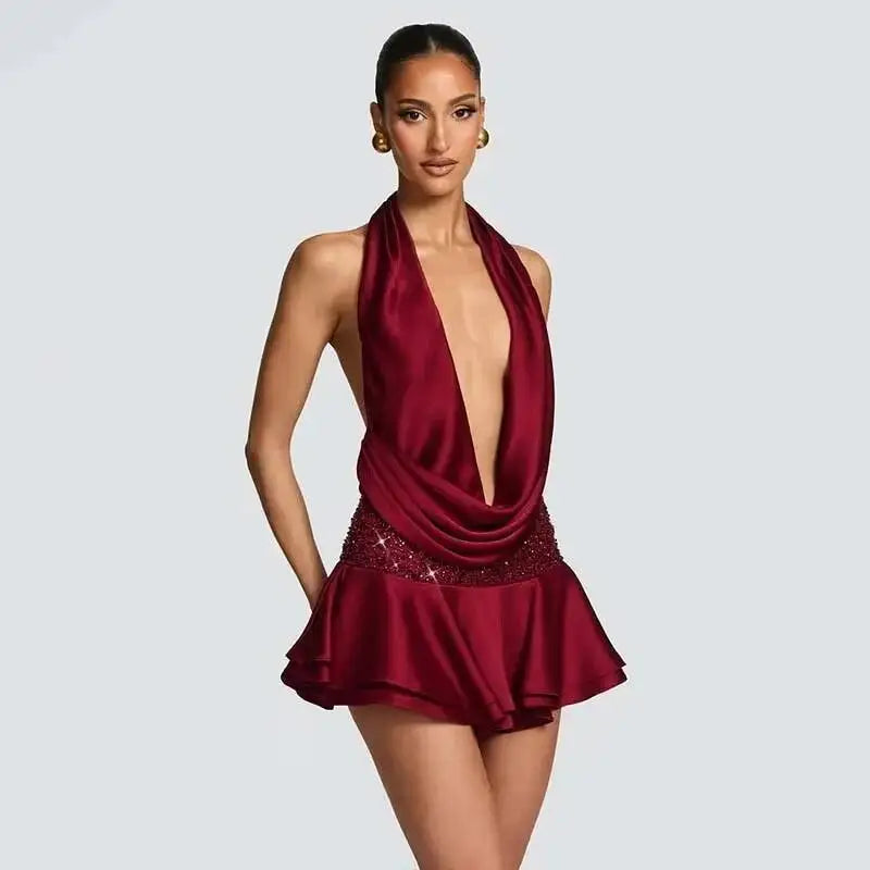 Halter Deep V Flare Dress Women