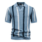 Men's Striped Short Sleeve Polo Shirt with Open Collar