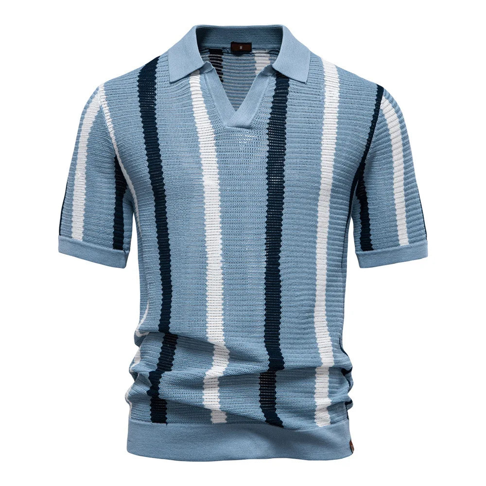 Men's Striped Short Sleeve Polo Shirt with Open Collar