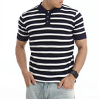 Button Placket Striped T Shirt Men