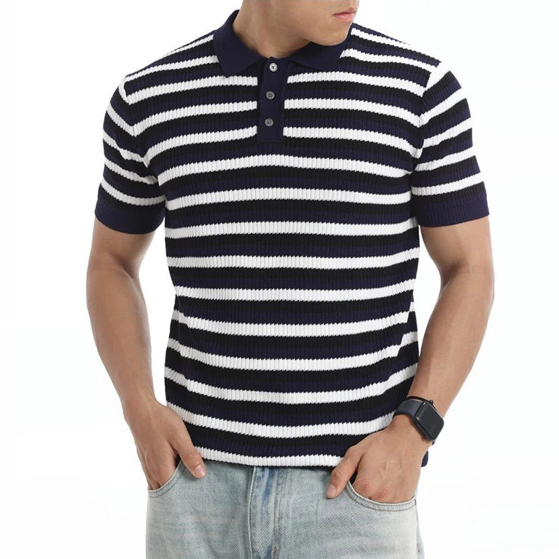 Button Placket Striped T Shirt Men