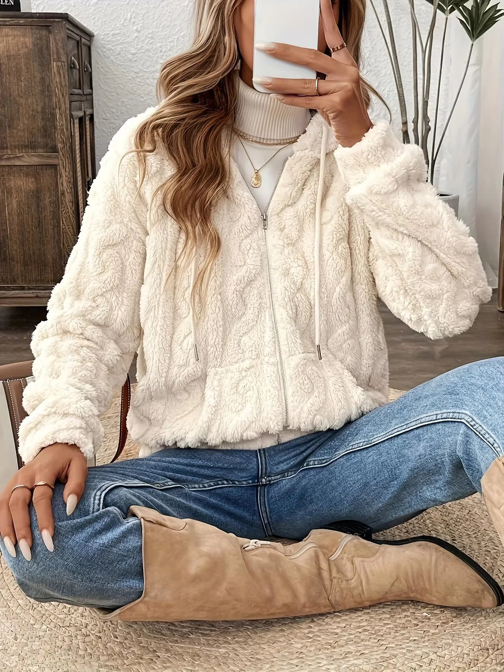Women's Fleece Hooded Jacket – Full Zip Long Sleeve Warm Winter Coat