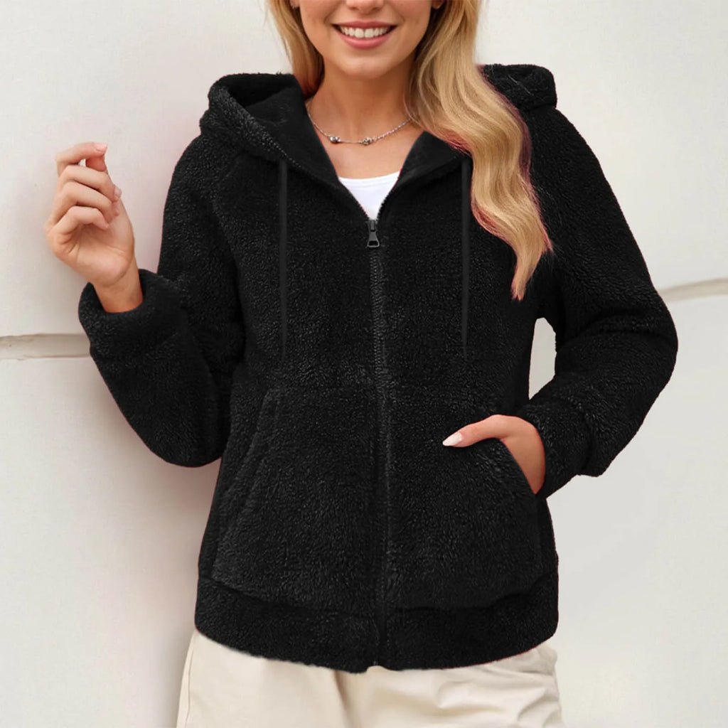 Women's Fleece Hooded Jacket – Full Zip Long Sleeve Winter Hoodie with Front Pockets