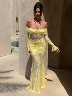 Off Shoulder Bodycon Maxi Dress With Sheer Skirt