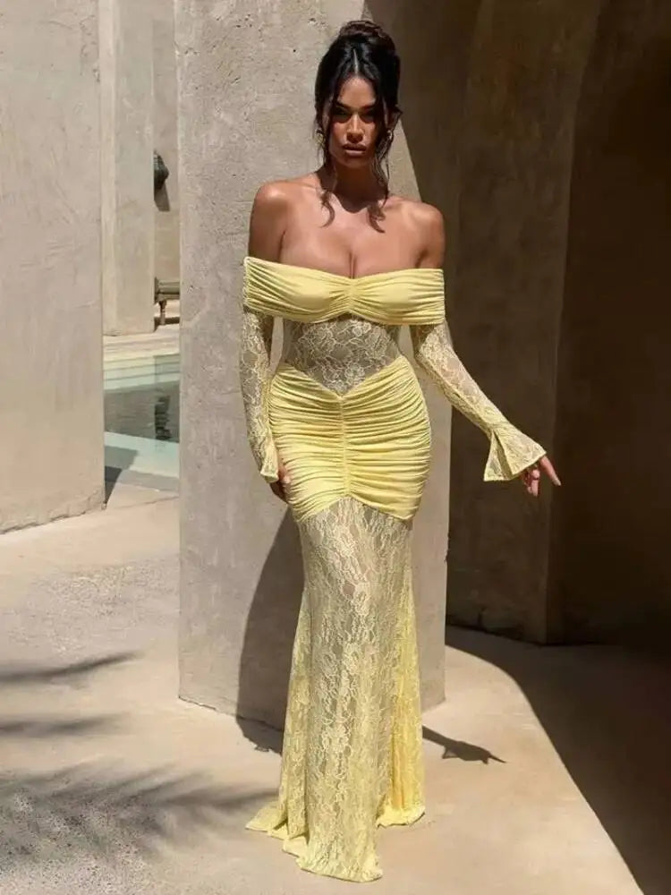 Off Shoulder Bodycon Maxi Dress With Sheer Skirt