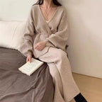 Women's Knitted Two Piece Set – V Neck Wrap Cardigan and Wide Leg Trousers