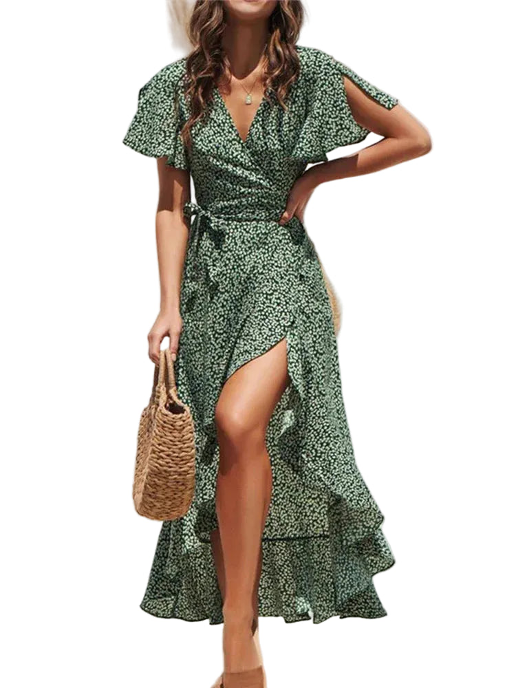 Printed Tie Waist Midi Dress