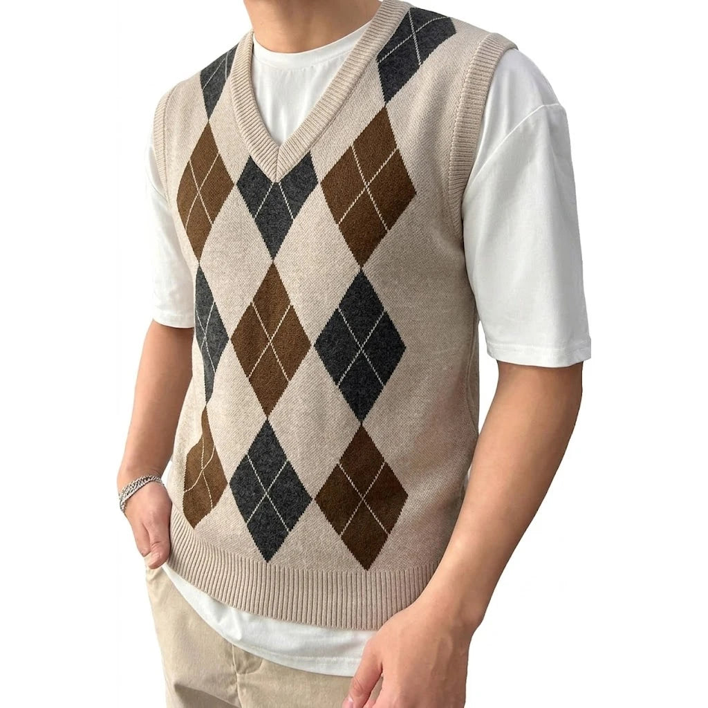 Men's Argyle Knit Gilet with V Neck Diamond Pattern