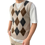 Men's Argyle Knit Gilet with V Neck Diamond Pattern