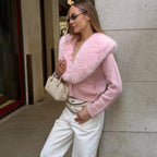 Women's Knitted Cardigan with Oversized Furry Collar – Long Sleeve Button Front Sweater