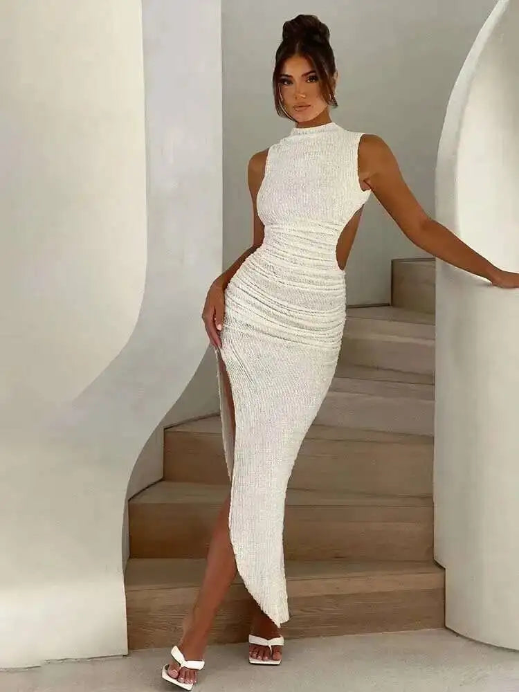 High Neck Fitted Maxi Dress With Lace