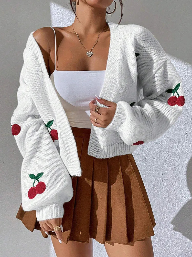 Women's Cherry Knit Cardigan – Button Front V Neck Jumper with Long Sleeves