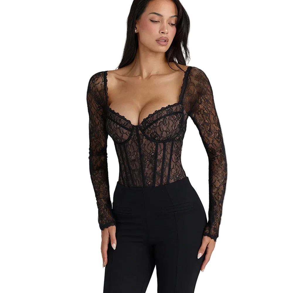 Sheer Lace Long Sleeve Bodysuit