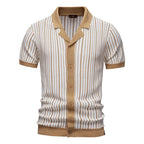Men's Collared Striped Polo Shirt with Ribbed Cuffs and Hem
