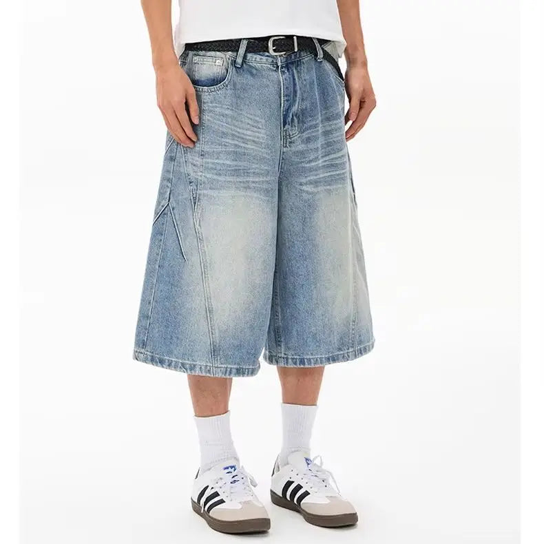Men's Wide Leg Denim Bermuda Shorts With Classic Pockets