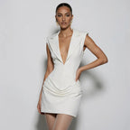 Plunge Neck Ruched Mini Dress With Cap Sleeves
