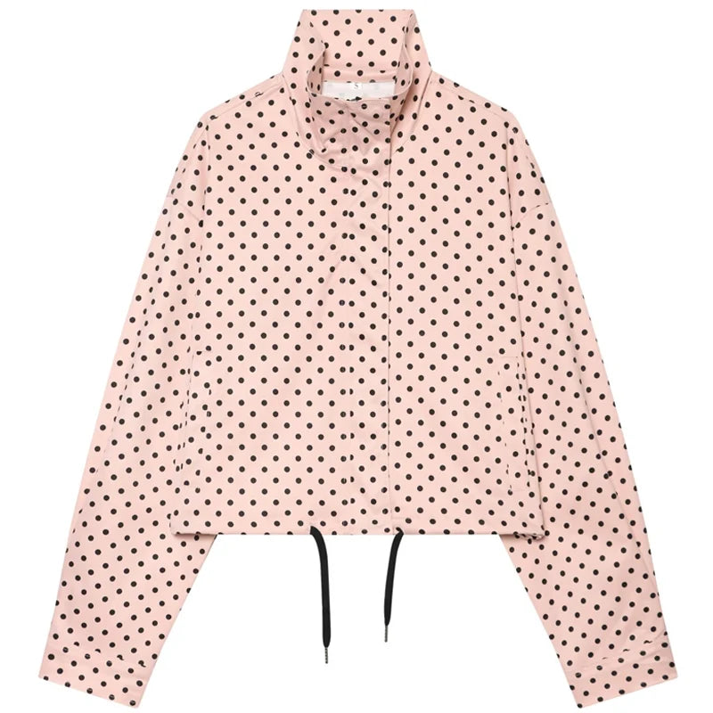 Women's Polka Dot Jacket – Cropped Hooded Zip Front Coat with Long Sleeves and Pockets