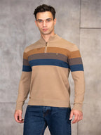 Men's Striped Quarter Zip Pullover Sweater with Ribbed Trim