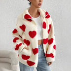 Women's Heart Print Zip Up Jacket – Long Sleeve Collared Casual Outerwear