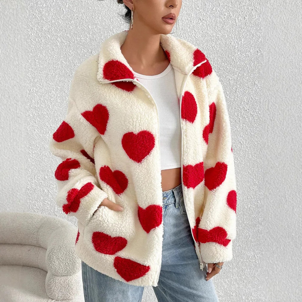 Women's Heart Print Zip Up Jacket – Long Sleeve Collared Casual Outerwear