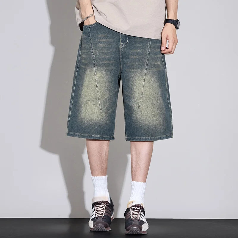 Men's Relaxed Wide Leg Denim Shorts with Washed Detail