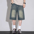 Men's Relaxed Wide Leg Denim Shorts with Washed Detail