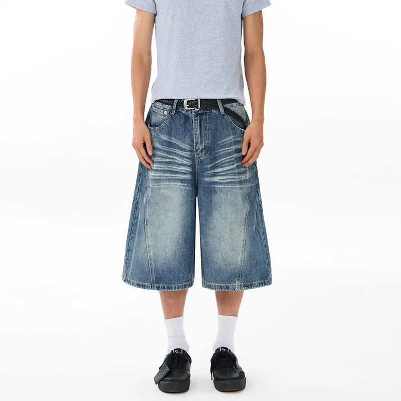 Men's Wide Leg Denim Bermuda Shorts With Classic Pockets