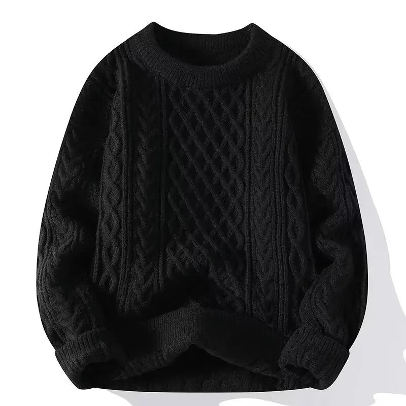 Men's Cable Knit Jumper with Textured Pattern and Ribbed Trims