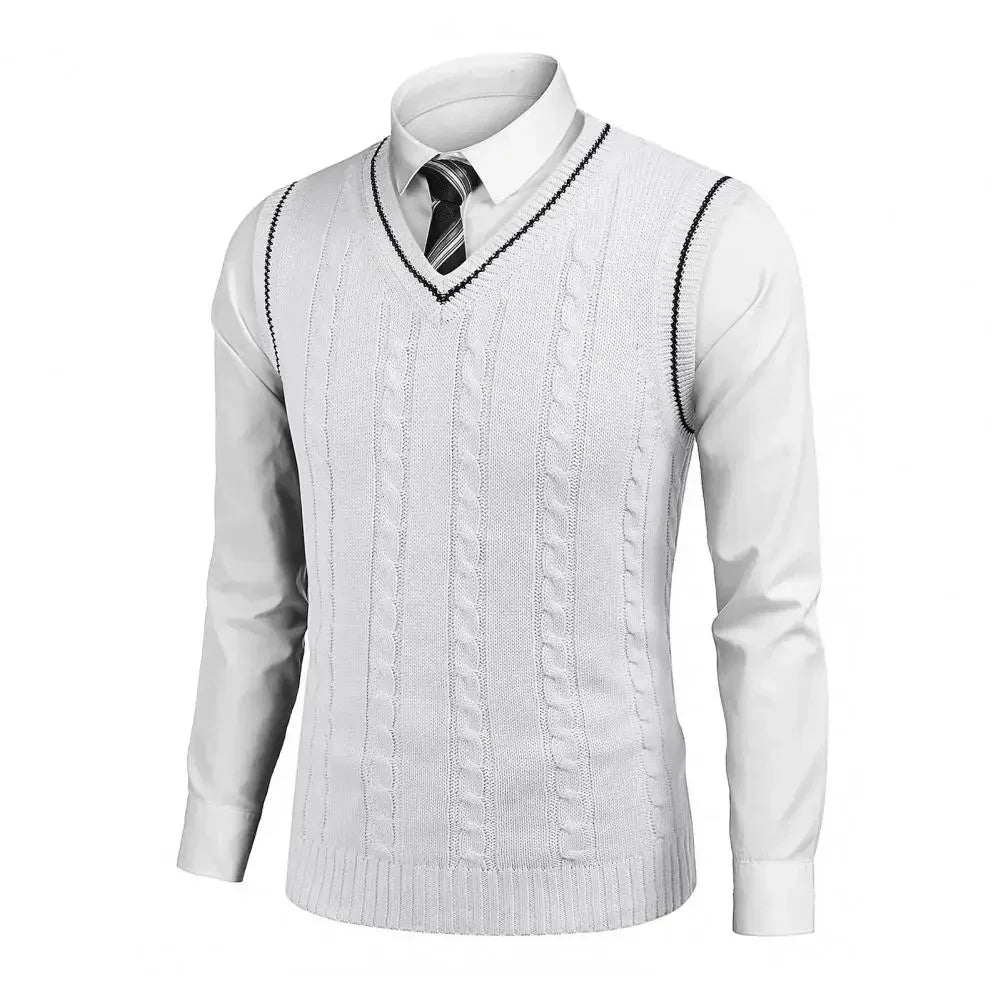 Men's Cable Knit Gilet with V Neck and Contrast Trim