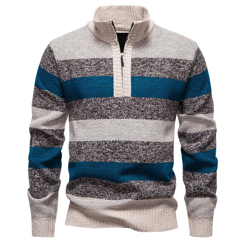 Men's Knitted Striped Quarter-Zip Jumper – Long Sleeve High Neck Pullover