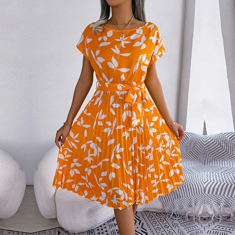 Women's Smocked Waist Printed Midi Swing Dress