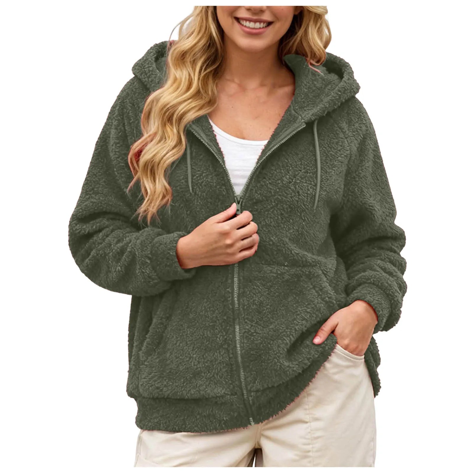 Women's Fleece Hooded Jacket – Full Zip Long Sleeve Winter Hoodie with Front Pockets