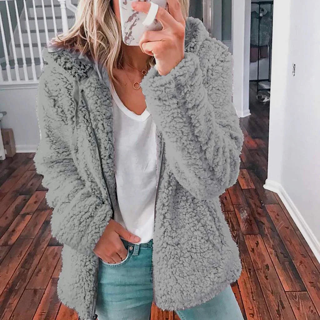 Women's Teddy Fleece Jacket – Fluffy Long Sleeve Open Front Winter Coat