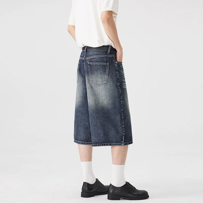 Men's Relaxed Wide Leg Denim Jorts with Button Closure