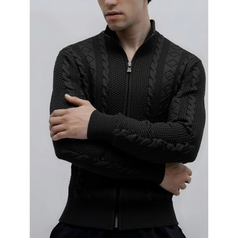 Men's Cable Knit Zip Cardigan with Ribbed Cuffs and Hem