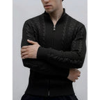 Men's Cable Knit Zip Cardigan with Ribbed Cuffs and Hem