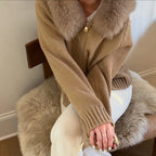 Women's Knitted Jumper with Fur Collar – Long Sleeve Zip Front Sweater