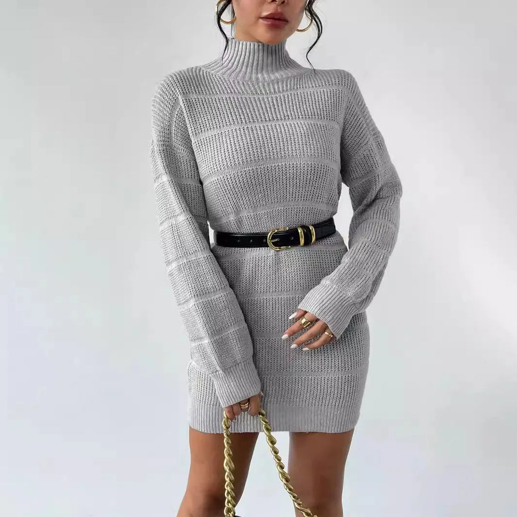 Women's Knitted Sweater Dress – Ribbed Turtleneck Mini Dress with Long Sleeves