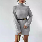 Women's Knitted Sweater Dress – Ribbed Turtleneck Mini Dress with Long Sleeves