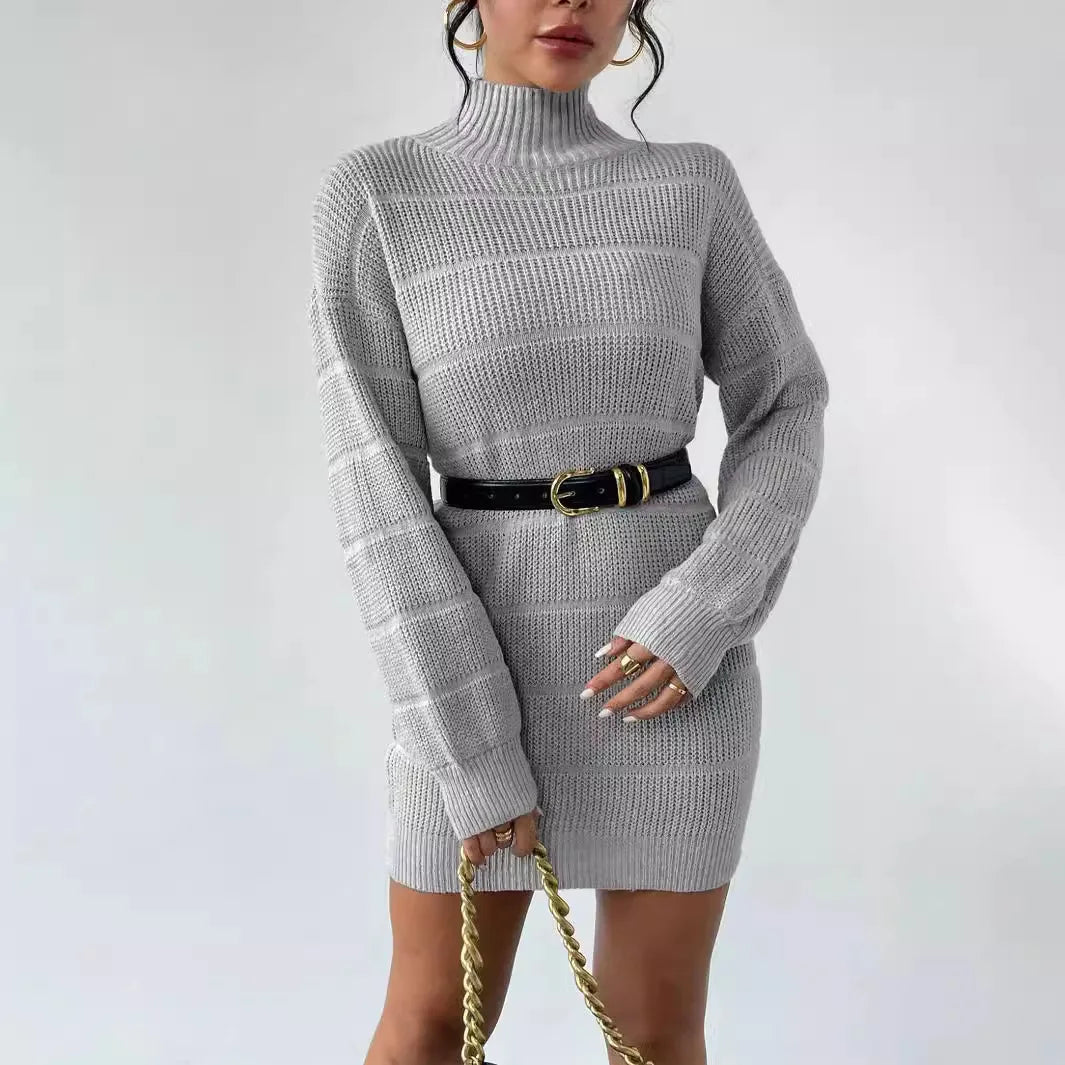 Women's Knitted Sweater Dress – Ribbed Turtleneck Mini Dress with Long Sleeves