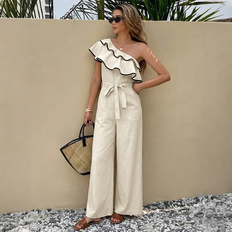 One Shoulder Ruffle Belted Jumpsuit